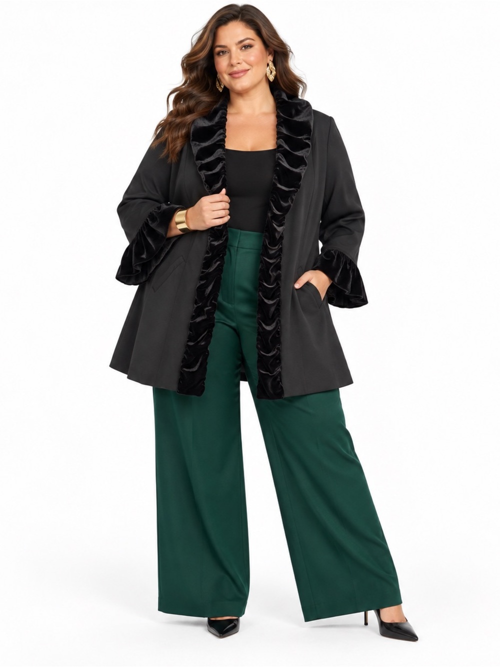 INC International Black Velvet Ruffle Longline Jacket Plus Size 2X Whimsigoth
